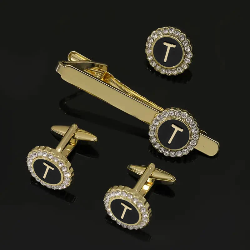 3Pcs Men's Gold 26 Capital Letters Tie Clip Brooch Cufflinks Set - Image 20