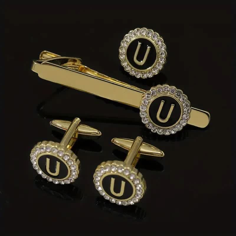 3Pcs Men's Gold 26 Capital Letters Tie Clip Brooch Cufflinks Set - Image 21