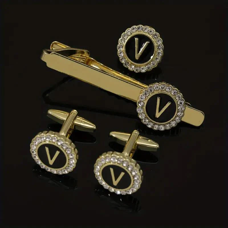 3Pcs Men's Gold 26 Capital Letters Tie Clip Brooch Cufflinks Set - Image 22