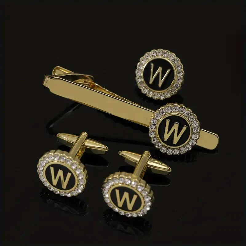 3Pcs Men's Gold 26 Capital Letters Tie Clip Brooch Cufflinks Set - Image 23