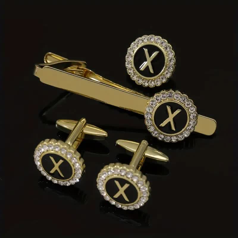 3Pcs Men's Gold 26 Capital Letters Tie Clip Brooch Cufflinks Set - Image 24