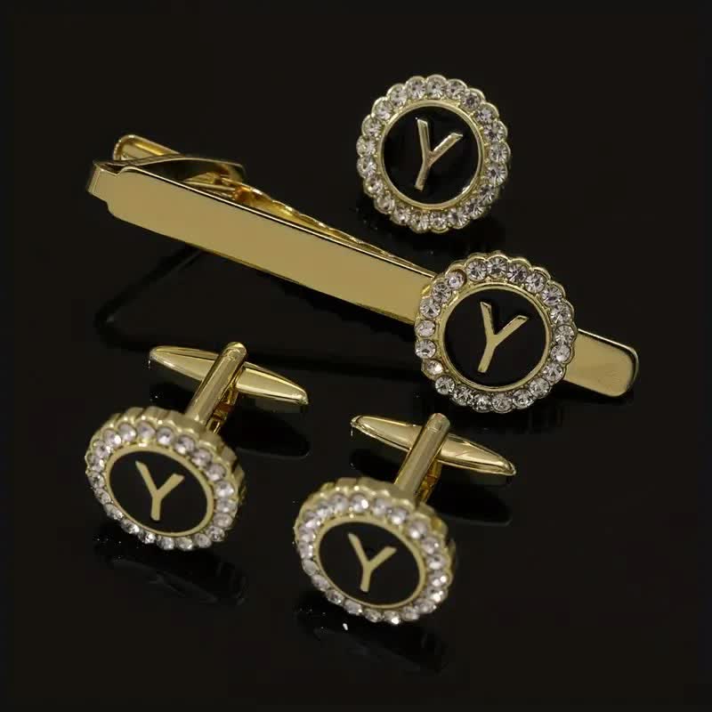 3Pcs Men's Gold 26 Capital Letters Tie Clip Brooch Cufflinks Set - Image 25