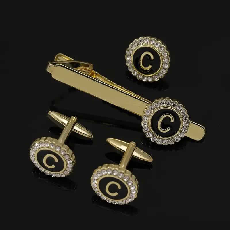 3Pcs Men's Gold 26 Capital Letters Tie Clip Brooch Cufflinks Set - Image 3