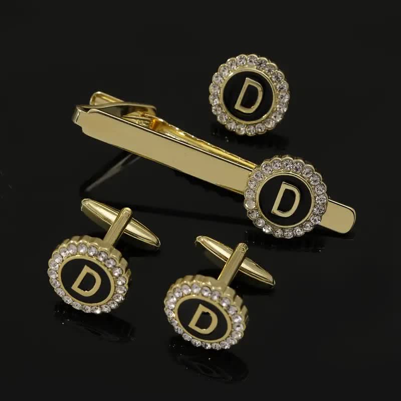 3Pcs Men's Gold 26 Capital Letters Tie Clip Brooch Cufflinks Set - Image 4