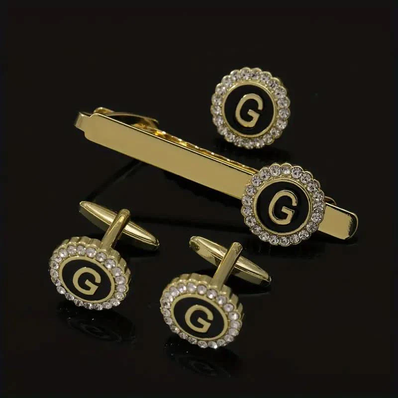 3Pcs Men's Gold 26 Capital Letters Tie Clip Brooch Cufflinks Set - Image 7