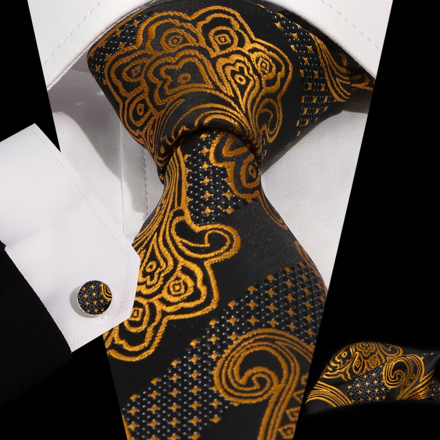 3Pcs Men's Gold & Black Exquisite Paisley Embroidery Necktie Set - Image 11