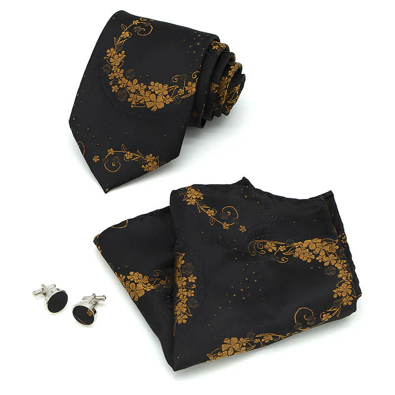 3Pcs Men's Gold & Black Exquisite Paisley Embroidery Necktie Set - Image 2