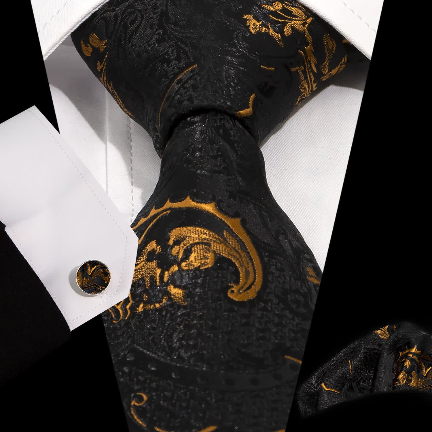 3Pcs Men's Gold & Black Exquisite Paisley Embroidery Necktie Set - Image 6