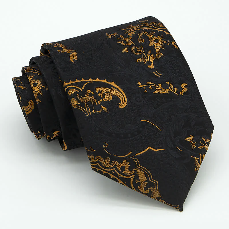 3Pcs Men's Gold & Black Exquisite Paisley Embroidery Necktie Set - Image 8