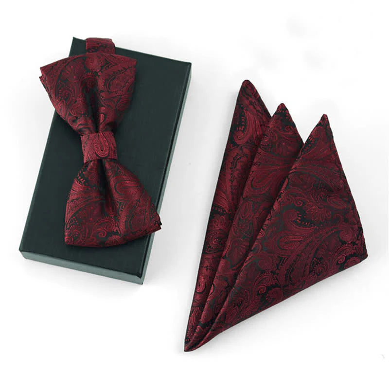 3Pcs Men's Gorgeous Burgundy Handkerchief Bow Tie Set - Image 4