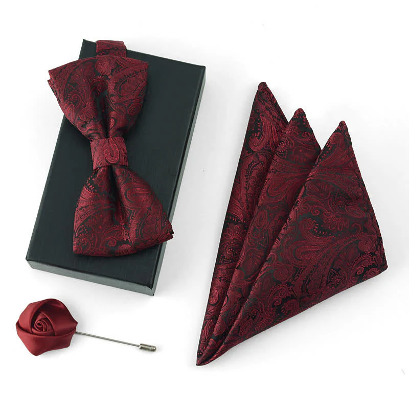 3Pcs Men's Gorgeous Burgundy Handkerchief Bow Tie Set - Image 5