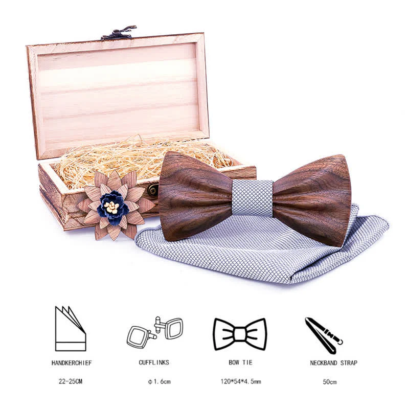 3Pcs Men's Hand Carved Crease Wooden Bow Tie Set - Image 2