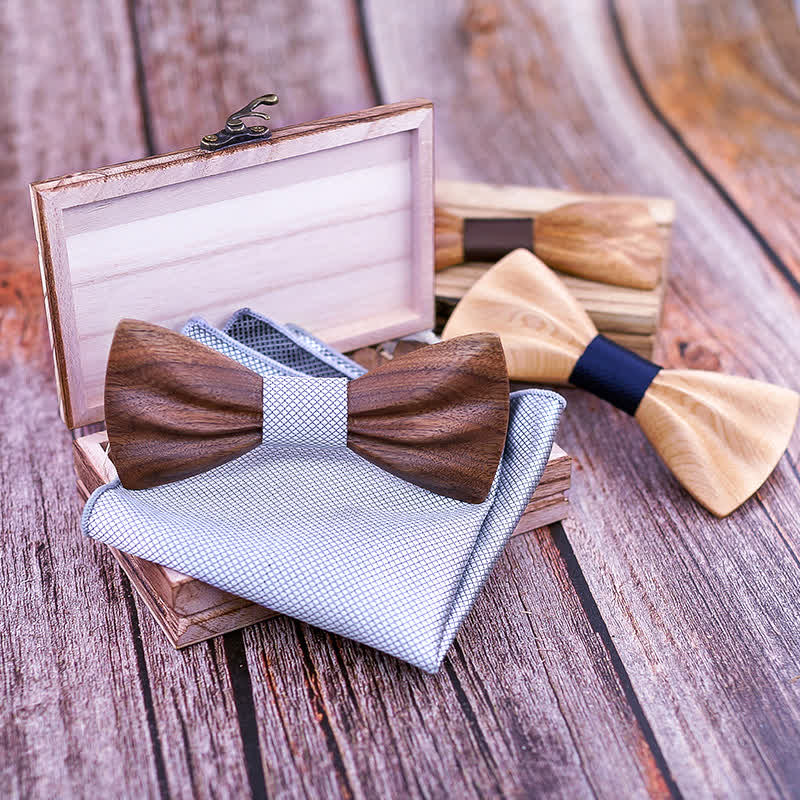 3Pcs Men's Hand Carved Crease Wooden Bow Tie Set - Image 3