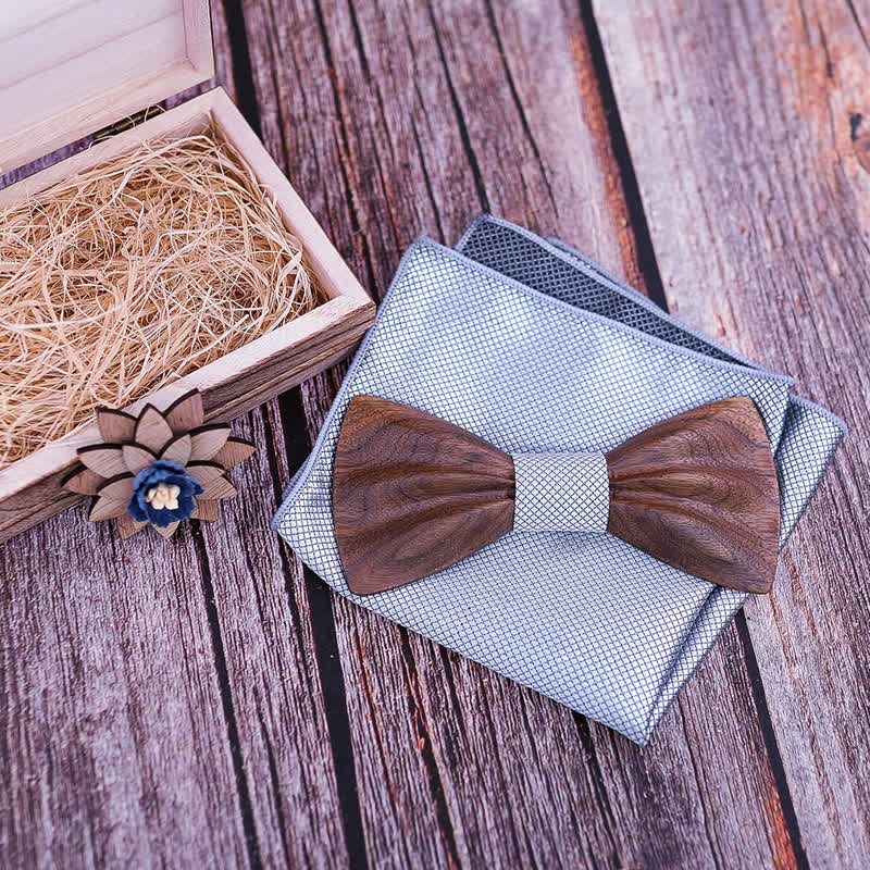 3Pcs Men's Hand Carved Crease Wooden Bow Tie Set - Image 5