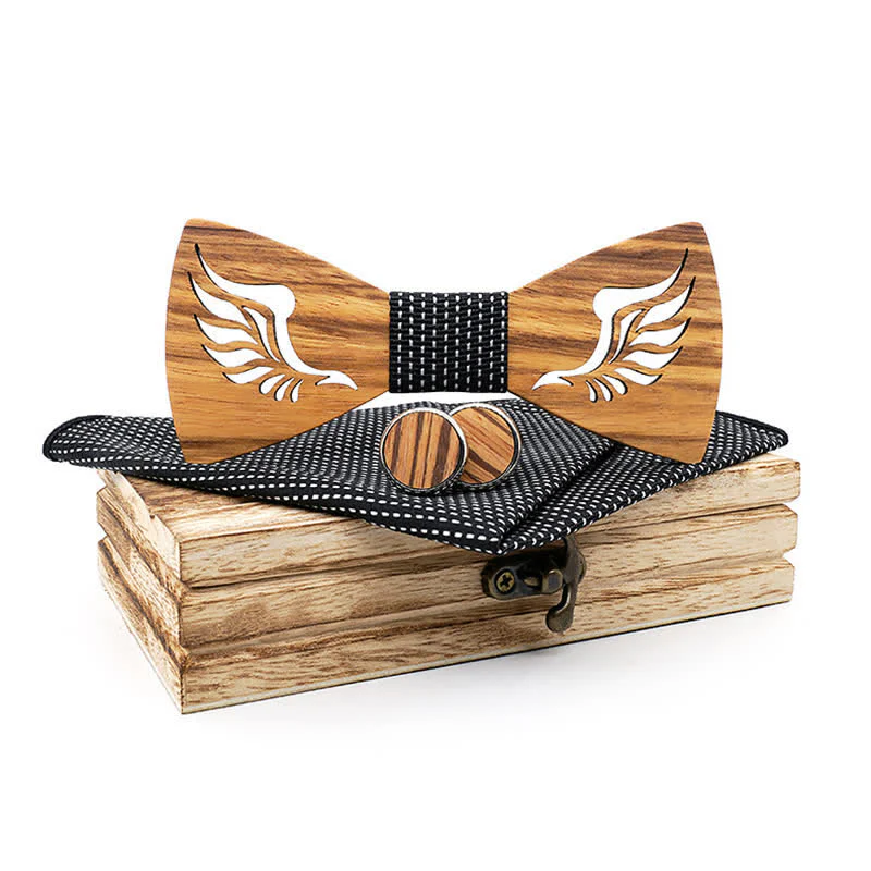 3Pcs Men's Hollow Angle Wings Wooden Bow Tie Set - Image 11