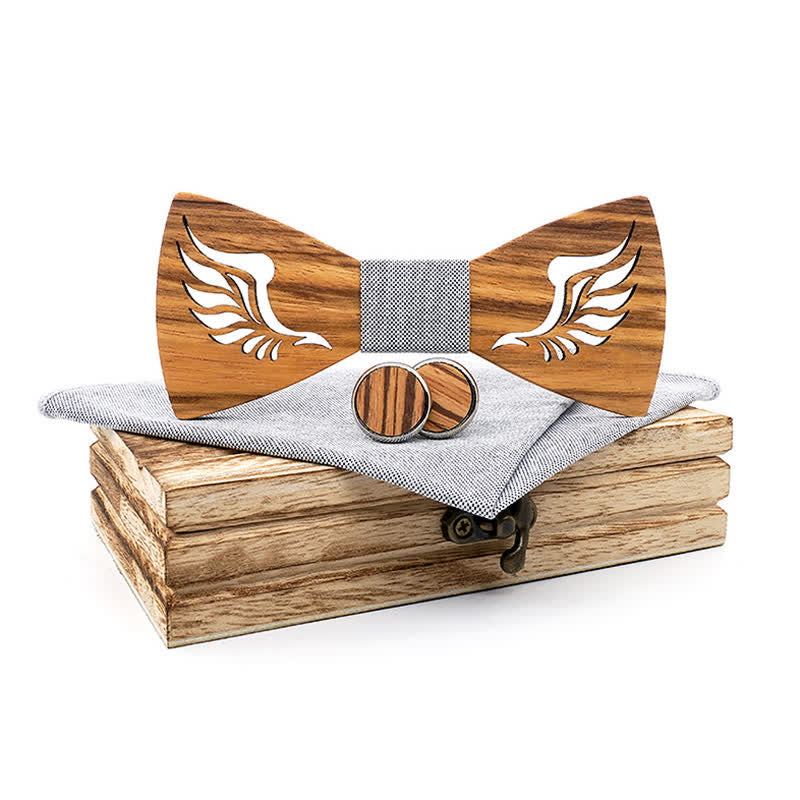 3Pcs Men's Hollow Angle Wings Wooden Bow Tie Set - Image 12