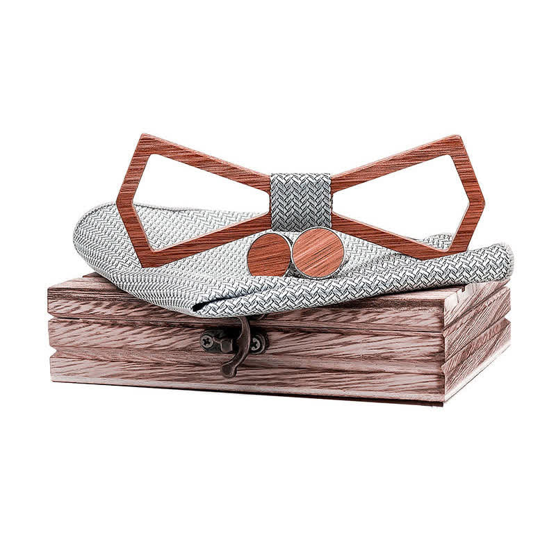 3Pcs Men's Hollow Carved Design Wooden Bow Tie Set - Image 12