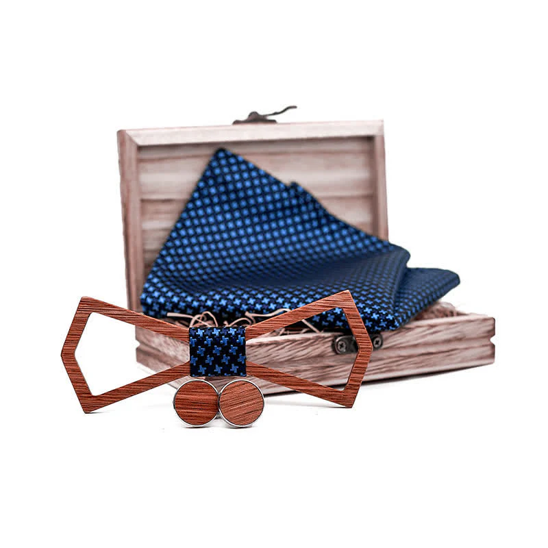 3Pcs Men's Hollow Carved Design Wooden Bow Tie Set - Image 3