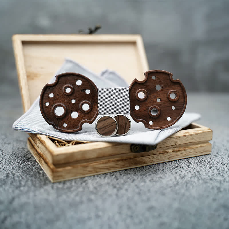 3Pcs Men's Hollow Circle Wooden Bow Tie Set - Image 2