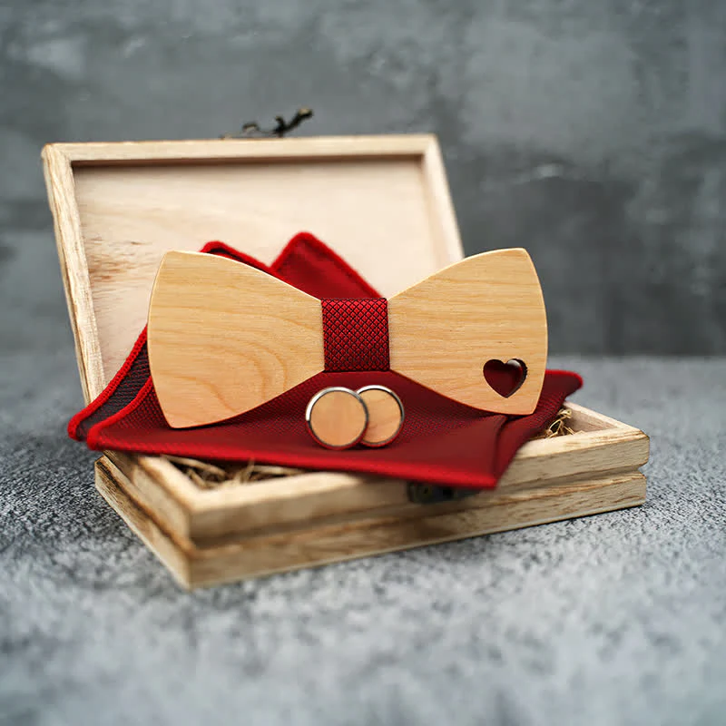 3Pcs Men's Hollow Heart Shape Wooden Bow Tie Set - Image 2