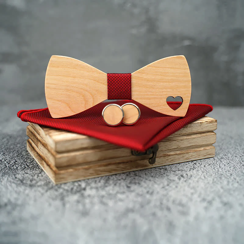3Pcs Men's Hollow Heart Shape Wooden Bow Tie Set - Image 5