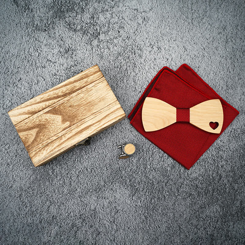 3Pcs Men's Hollow Heart Shape Wooden Bow Tie Set - Image 6