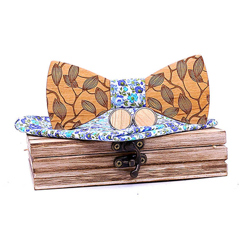 3Pcs Men's Leaf Patterned Wooden Bow Tie Set - Image 10