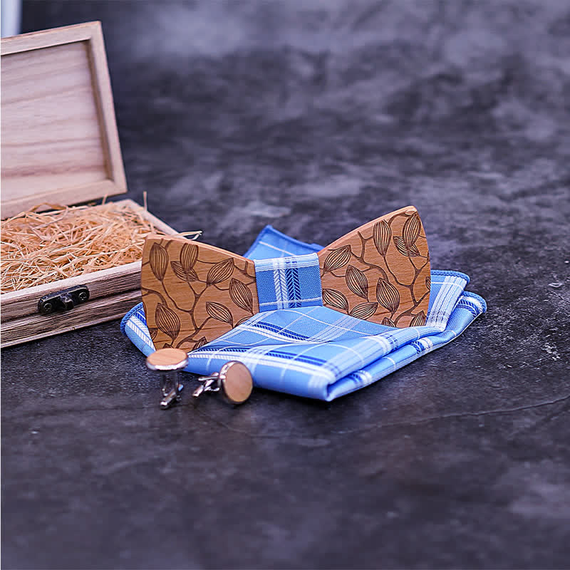3Pcs Men's Leaf Patterned Wooden Bow Tie Set - Image 3