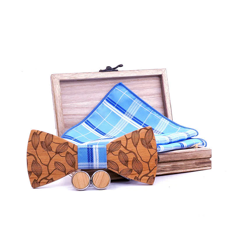 3Pcs Men's Leaf Patterned Wooden Bow Tie Set - Image 5