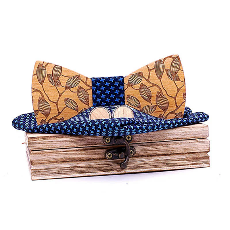 3Pcs Men's Leaf Patterned Wooden Bow Tie Set - Image 7