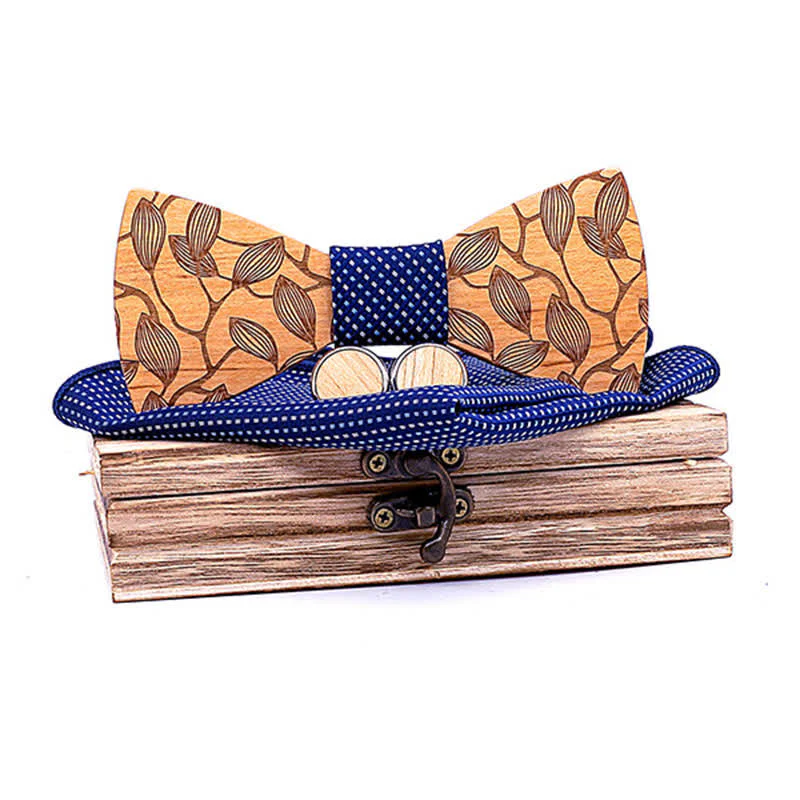 3Pcs Men's Leaf Patterned Wooden Bow Tie Set - Image 8
