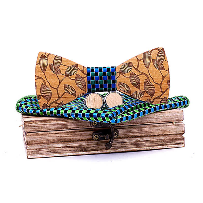 3Pcs Men's Leaf Patterned Wooden Bow Tie Set - Image 9