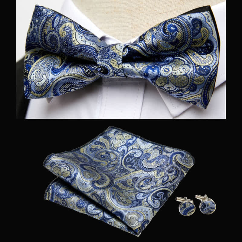 3Pcs Men's Luxurious Paisley Bow Tie Pocket Square Set - Image 2