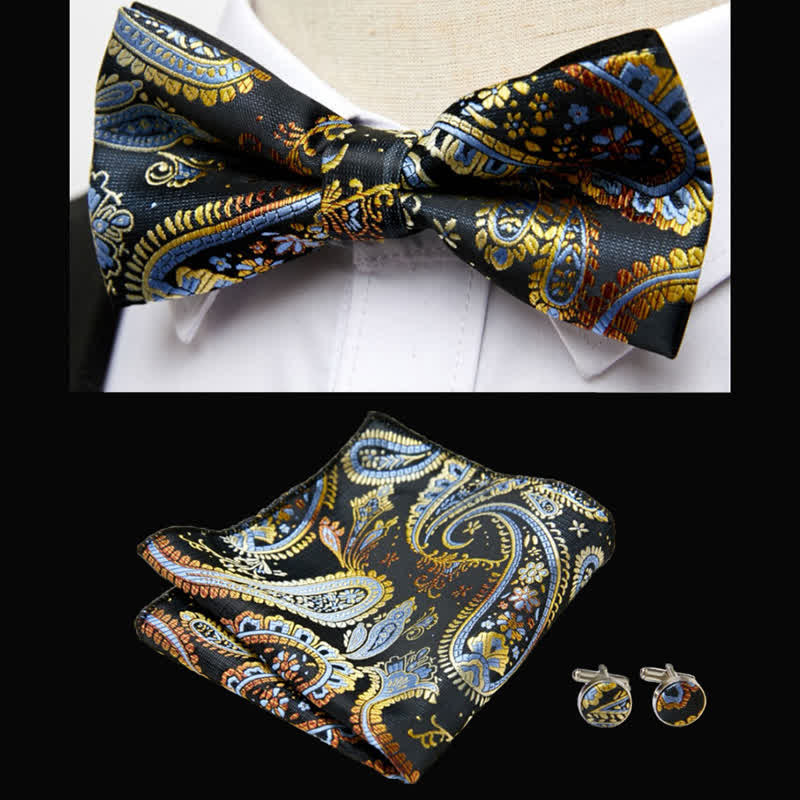 3Pcs Men's Luxurious Paisley Bow Tie Pocket Square Set - Image 3