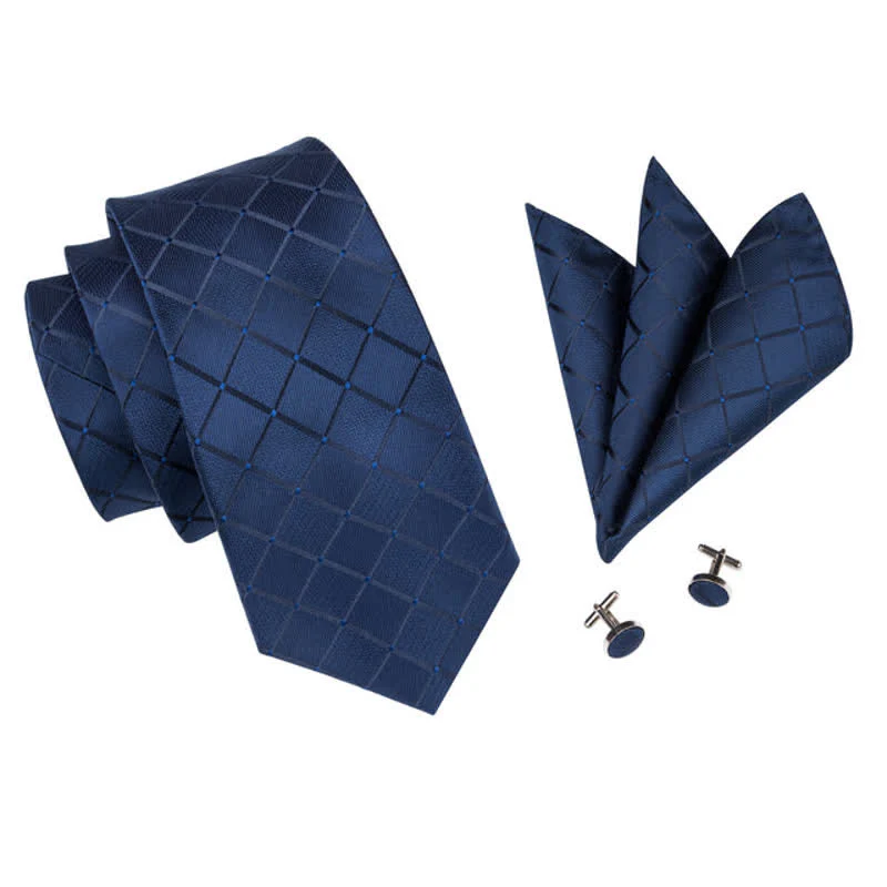3Pcs Men's Marine Blue Plaid Necktie Set - Image 2