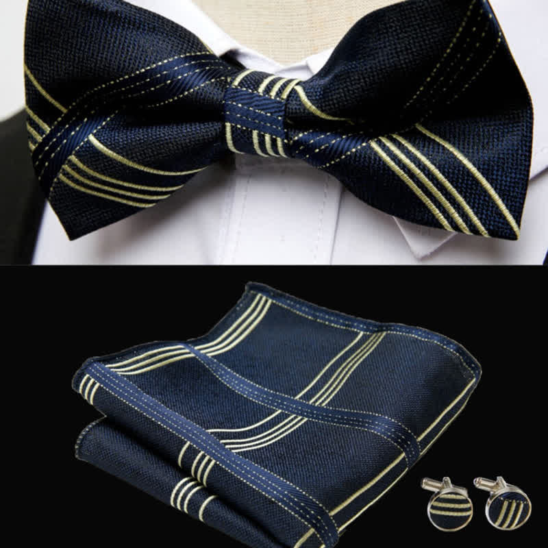 3Pcs Men's MidnightBlue Plaid Pocket Square Cufflinks Bow Tie Set - Image 2