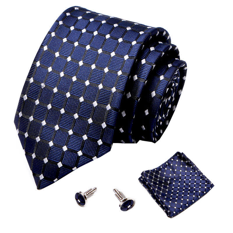 3Pcs Men's MidnightBlue & White Checked Necktie Set - Image 2