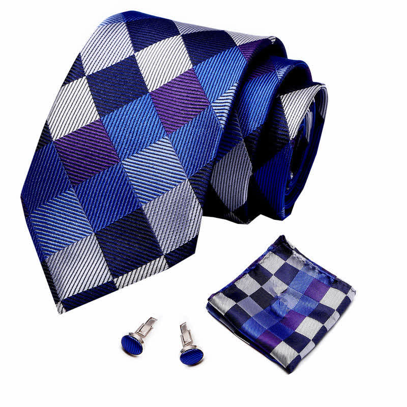3Pcs Men's Modern Blue & Gray Checkerboard Necktie Set - Image 2