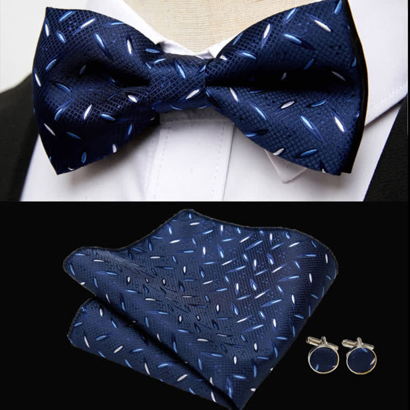 3Pcs Men's Navy Mini Stripe Pocket Square Cufflinks Bow Tie Set - Image 2