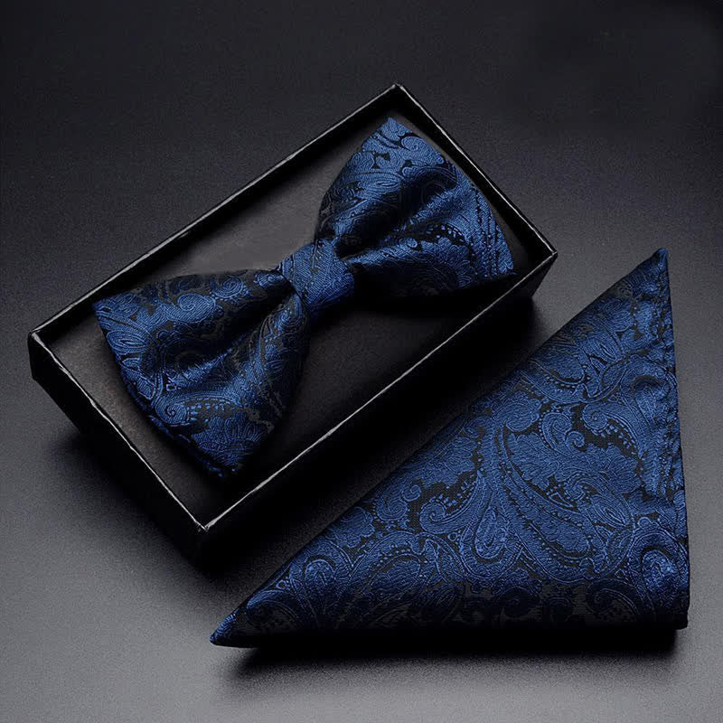 3Pcs Men's Navy Paisley Pocket Corsage Bow Tie Set - Image 2