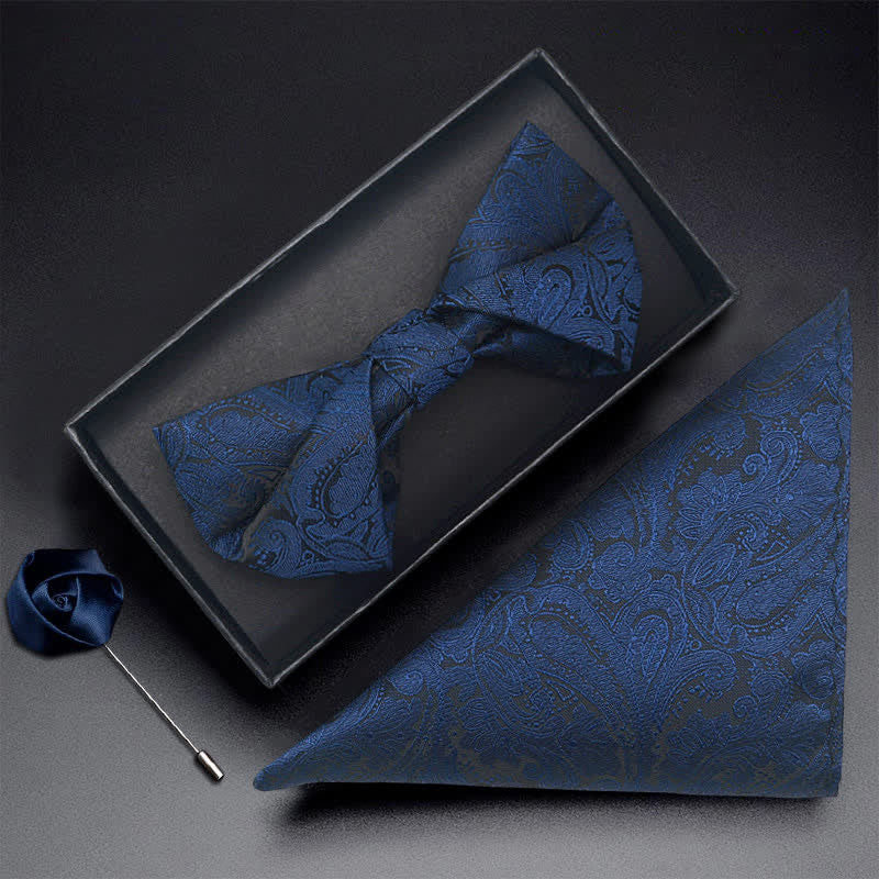 3Pcs Men's Navy Paisley Pocket Corsage Bow Tie Set - Image 4