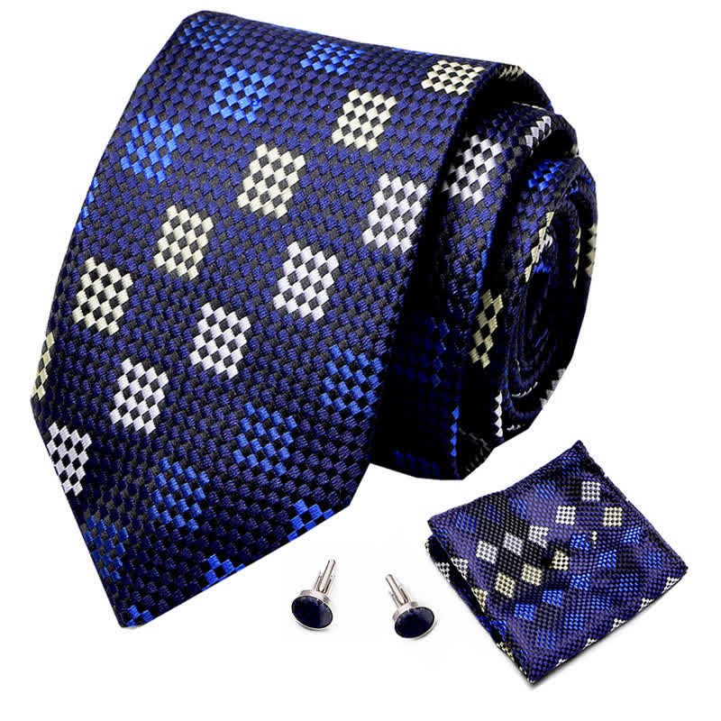 3Pcs Men's Navy & Yellow Checkerboard Necktie Set - Image 2