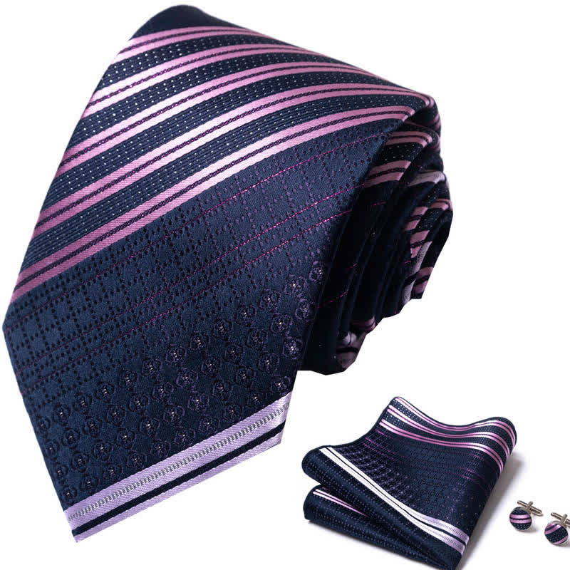 3Pcs Men's Noble Navy & Violet Striped Necktie Set - Image 2