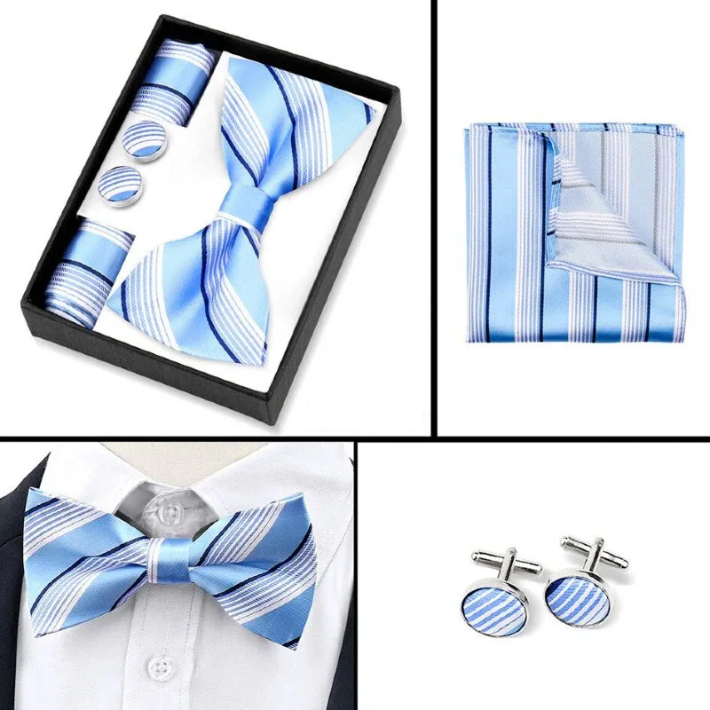 3Pcs Men's Paisley Pattern Bow Tie Cufflink And Pocket Square Set - Image 3