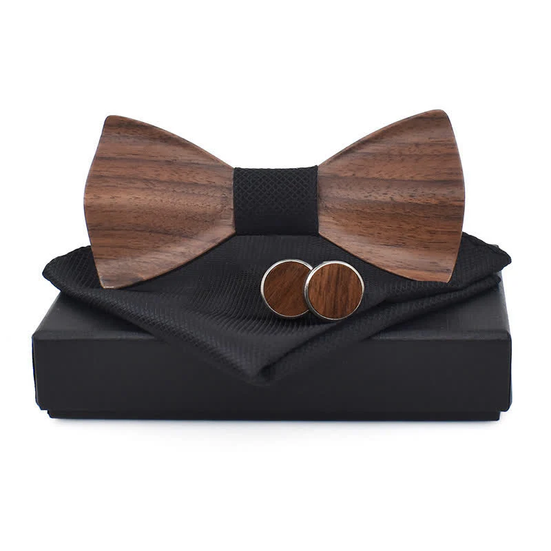 3Pcs Men's Plain Checkered Wooden Bow Tie Set - Image 2
