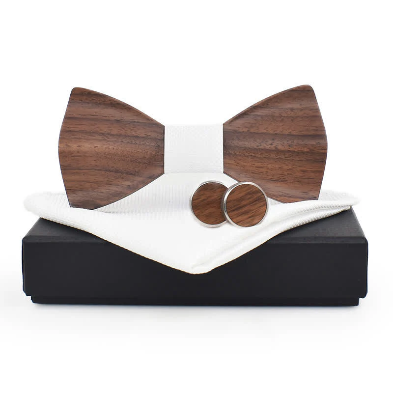 3Pcs Men's Plain Checkered Wooden Bow Tie Set - Image 3