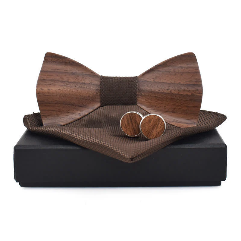 3Pcs Men's Plain Checkered Wooden Bow Tie Set - Image 4