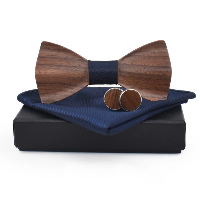 3Pcs Men's Plain Checkered Wooden Bow Tie Set - Image 5