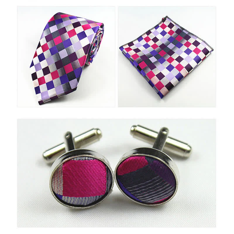 3Pcs Men's Purple Gray Checkerboard Necktie Set - Image 2