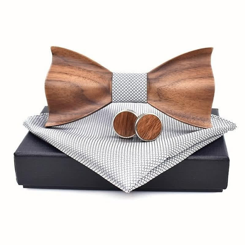 3Pcs Men's Small Checkered Wooden Bow Tie Set - Image 3